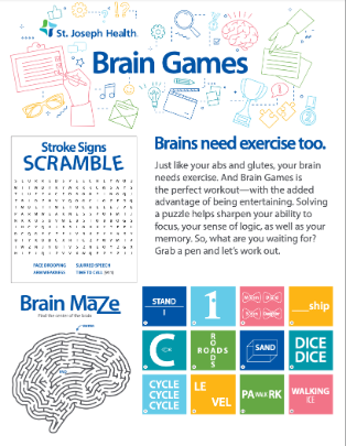 Brain Games Infographic that challenges people with various word play images, a crossword puzzle outlining the signs of stroke, and a brain maze.