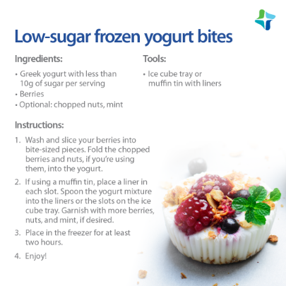 An infographic shares a simple, three-ingredient recipe for low-sugar frozen yogurt bites. 