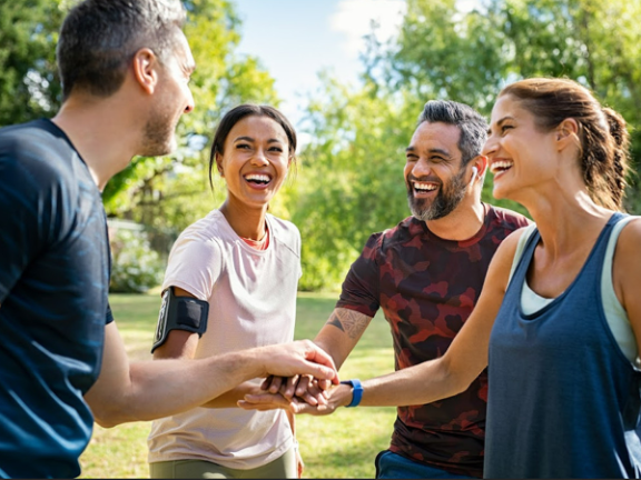 A group of friends exercising together